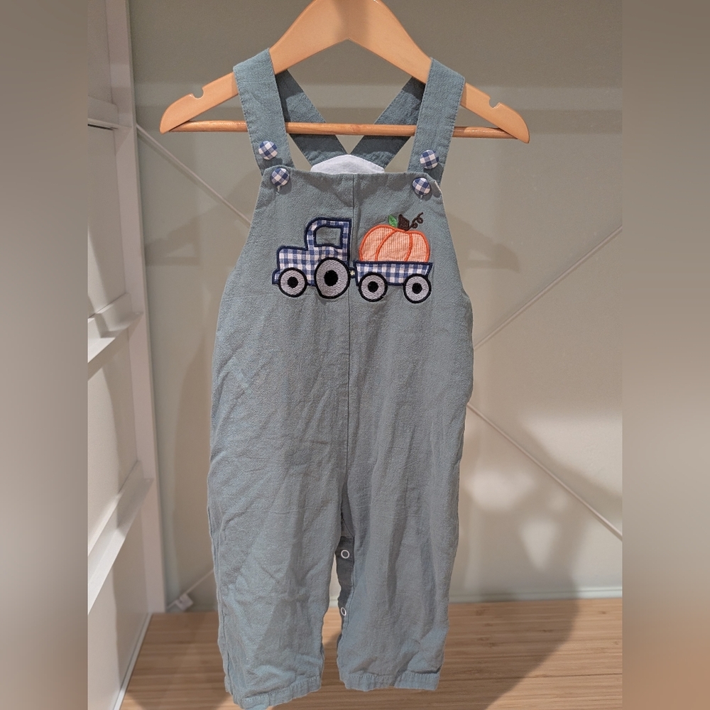 Sage Green Overalls with Pumpkin Truck Embroidery